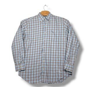 Peter Millar Shirt Men's Large Blue Brown Plaid Check Button Down Long Sleeve L